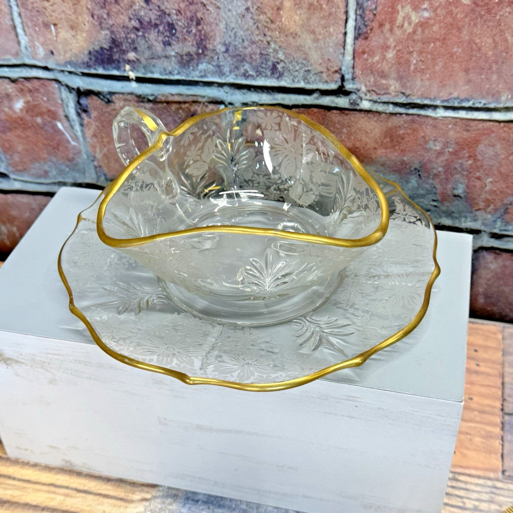 Vintage Fostoria Glass Gold Lace Baroque Nappy Bowl w Handle & Dessert‎ Plate